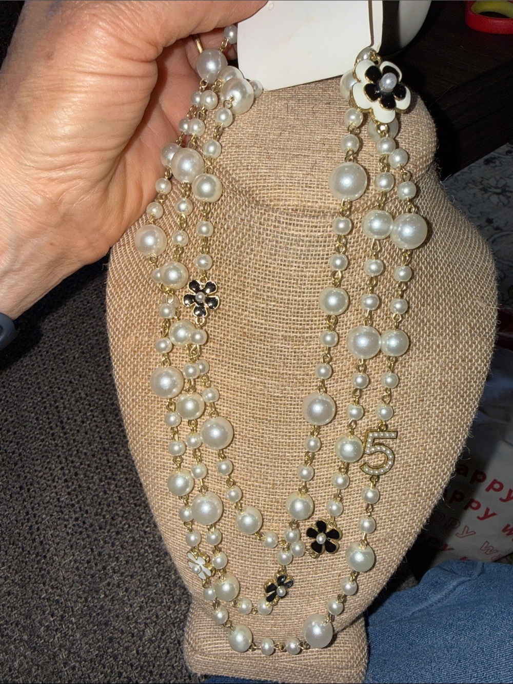 Fashion White Pearl Multi-Strand Necklace with Black Flower Accents